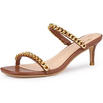 Snakeskin Print Slide Mules Square Toe Gold Chain Stiletto Heels Strappy Sandals for Women