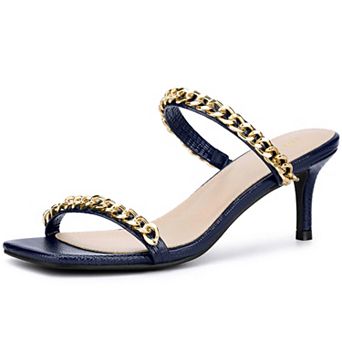 Snakeskin Print Slide Mules Square Toe Gold Chain Stiletto Heels Strappy Sandals for Women