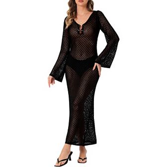 Women's Long Sleeve V Neck Hollow Out Swim Cover Up Bathing Beach Crochet Dress