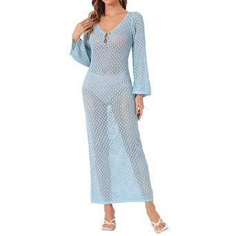 Women's Long Sleeve V Neck Hollow Out Swim Cover Up Bathing Beach Crochet Dress