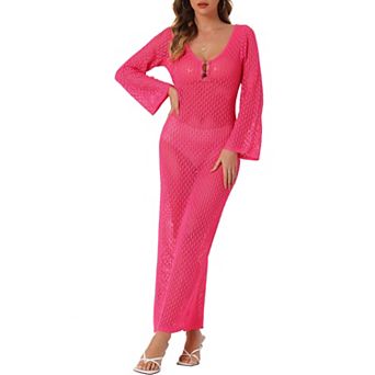 Women's Long Sleeve V Neck Hollow Out Swim Cover Up Bathing Beach Crochet Dress