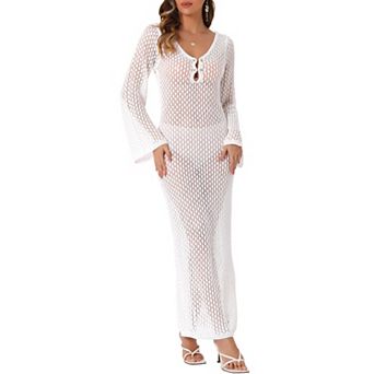 Women's Long Sleeve V Neck Hollow Out Swim Cover Up Bathing Beach Crochet Dress