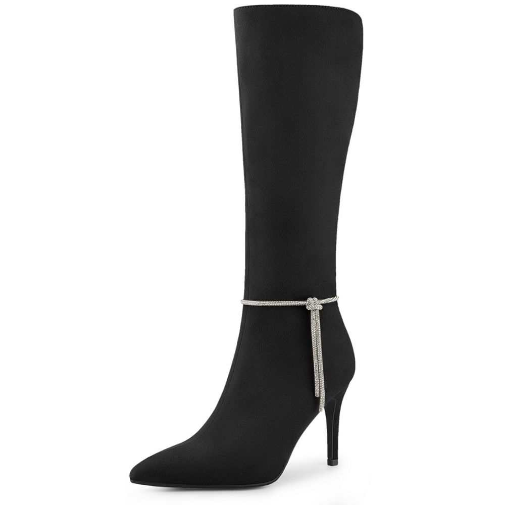 Women's Rhinestone Crystal Chain Pointed Toe Stiletto Heels Knee High Boots