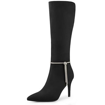 Women's Rhinestone Crystal Chain Pointed Toe Stiletto Heels Knee High Boots