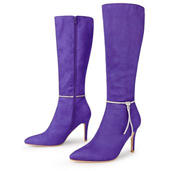 Women's Rhinestone Crystal Chain Pointed Toe Stiletto Heels Knee High Boots