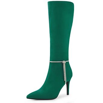 Women's Rhinestone Crystal Chain Pointed Toe Stiletto Heels Knee High Boots