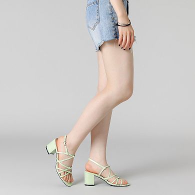 Women's Square Toe Knots Ankle Strap Chunky Heels Sandals