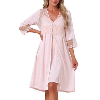 Women's Silky Nightgown and Robe Set Satin Lace 3/4 Sleeve Camisole Pajama 2 pc