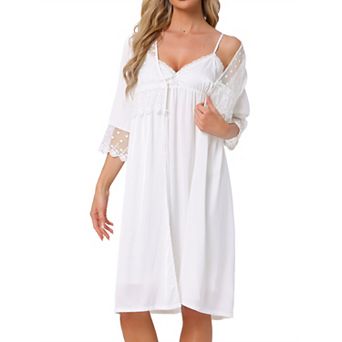 Women's Silky Nightgown and Robe Set Satin Lace 3/4 Sleeve Camisole Pajama 2 pc