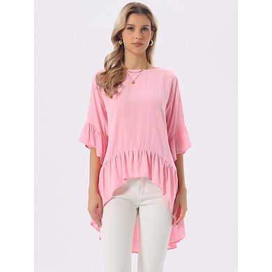Women's High Low Tops 3/4 Bell Sleeve Round Neck Keyhole Back Casual Ruffle Hem Asymmetrical Blouse