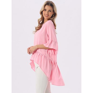 Women's High Low Tops 3/4 Bell Sleeve Round Neck Keyhole Back Casual Ruffle Hem Asymmetrical Blouse
