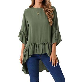 Women's High Low Tops 3/4 Bell Sleeve Round Neck Keyhole Back Casual Ruffle Hem Asymmetrical Blouse