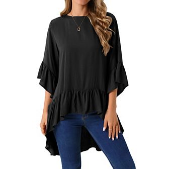 Women's High Low Tops 3/4 Bell Sleeve Round Neck Keyhole Back Casual Ruffle Hem Asymmetrical Blouse