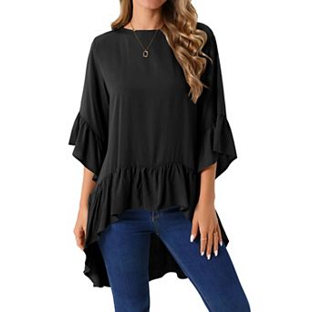 Women's High Low Tops 3/4 Bell Sleeve Round Neck Keyhole Back Casual Ruffle Hem Asymmetrical Blouse