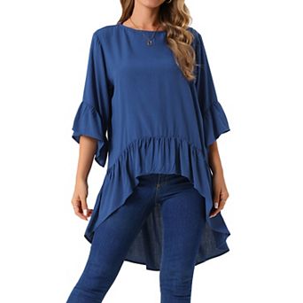 Women's High Low Tops 3/4 Bell Sleeve Round Neck Keyhole Back Casual Ruffle Hem Asymmetrical Blouse
