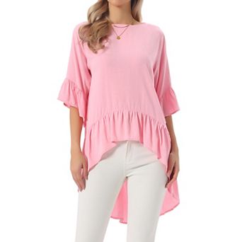 Women's High Low Tops 3/4 Bell Sleeve Round Neck Keyhole Back Casual Ruffle Hem Asymmetrical Blouse