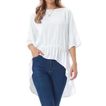 Women's High Low Tops 3/4 Bell Sleeve Round Neck Keyhole Back Casual Ruffle Hem Asymmetrical Blouse