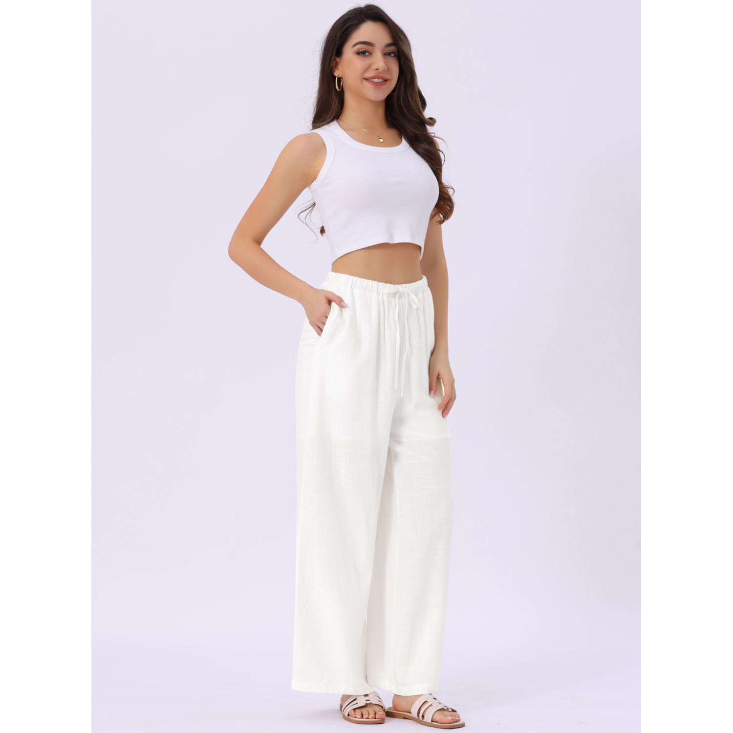 YOLAI Cotton Linen Palazzo Pants For Women Smocked High Elastic Waist Loose Trousers Comfy Wide Leg Pants With Pockets (Army Green, S) At Women's Clothing Store