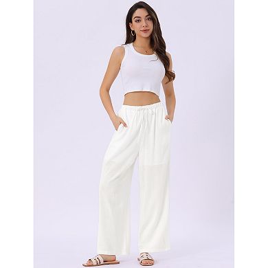 Women's Linen Summer Palazzo Pants Flowy Wide Leg Beach Trousers with Pockets