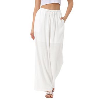 Women's Linen Summer Palazzo Pants Flowy Wide Leg Beach Trousers with Pockets