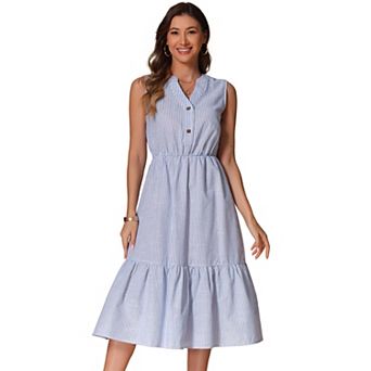 Striped Shirt Dress for Women's Summer Casual Pleated Ruffle Midi Dress