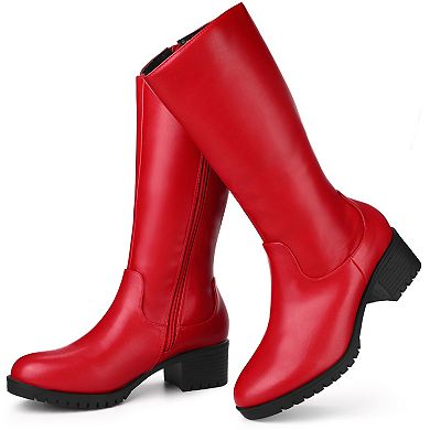 Riding Combat Boot Round Toe Chunky Heels Mid Calf Boots for Women