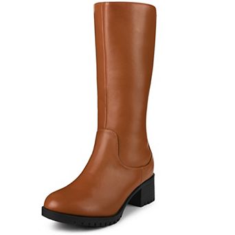 Riding Combat Boot Round Toe Chunky Heels Mid Calf Boots for Women