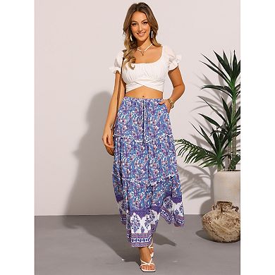 Long Skirt for Women's Elastic High Waist Ruffle Floral Print Boho A Line Pockets Summer Maxi Skirts