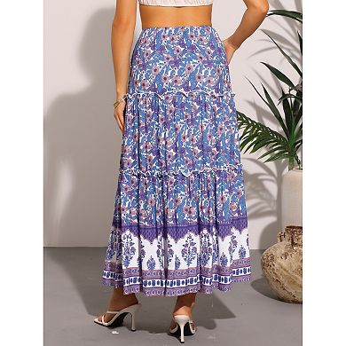 Long Skirt for Women's Elastic High Waist Ruffle Floral Print Boho A Line Pockets Summer Maxi Skirts