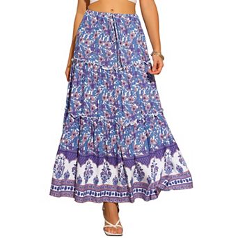 Long Skirt for Women's Elastic High Waist Ruffle Floral Print Boho A Line Pockets Summer Maxi Skirts