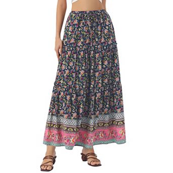 Long Skirt for Women's Elastic High Waist Ruffle Floral Print Boho A Line Pockets Summer Maxi Skirts