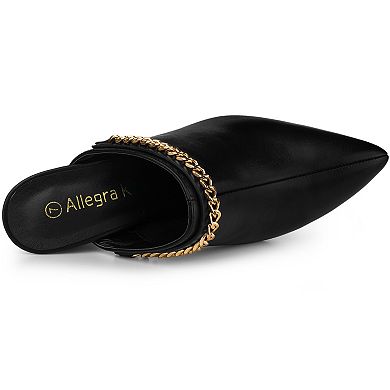 Women's Chain Mule Slides for Woman, Pointed Toe Chunky Heel Slides Mules