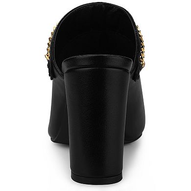 Women's Chain Mule Slides for Woman, Pointed Toe Chunky Heel Slides Mules
