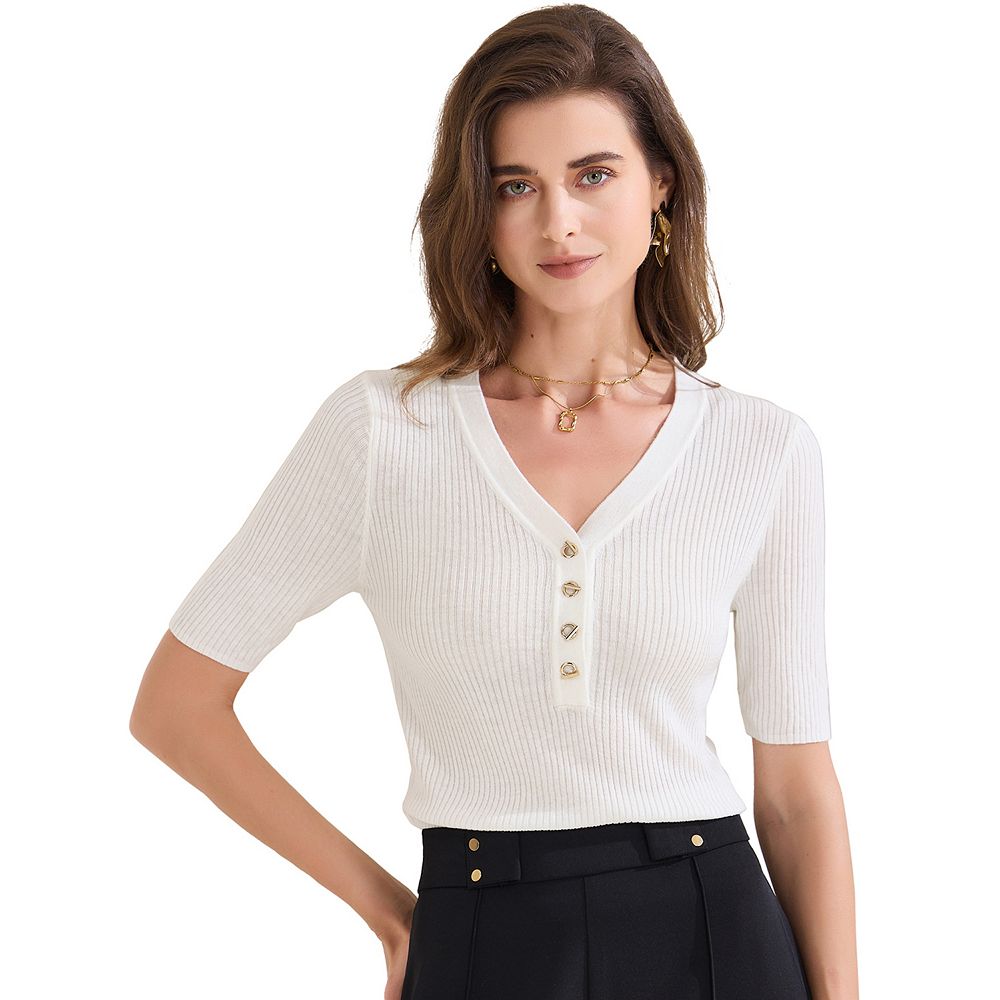 Chic Crew Neck Half Button Long Sleeve White Fitted Rib Knit Cropped Top