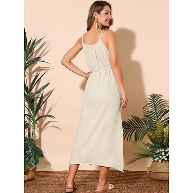 Women's Summer Dresses Linen Maxi Sundress Loose Tie Waist Spaghetti Strap Cami Casual Beach Dress