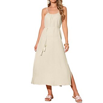 Women's Summer Dresses Linen Maxi Sundress Loose Tie Waist Spaghetti Strap Cami Casual Beach Dress