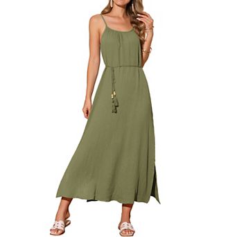 Women's Summer Dresses Linen Maxi Sundress Loose Tie Waist Spaghetti Strap Cami Casual Beach Dress