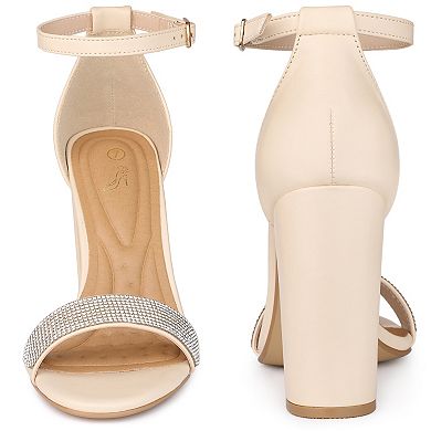 Open Toe Rhinestone Ankle Strap Chunky Heel Sandals for Women