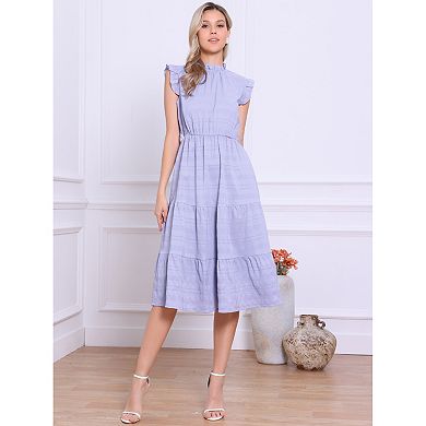 Midi Dresses for Women's Mock Neck Ruffled Cap Sleeve Dress