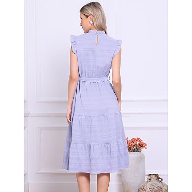 Midi Dresses for Women's Mock Neck Ruffled Cap Sleeve Dress