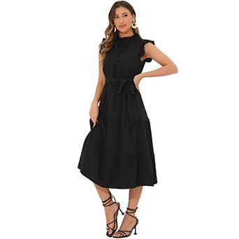 Midi Dresses for Women's Mock Neck Ruffled Cap Sleeve Dress