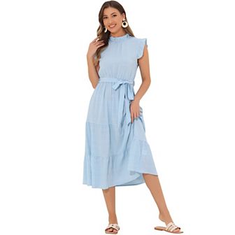 Midi Dresses for Women's Mock Neck Ruffled Cap Sleeve Dress