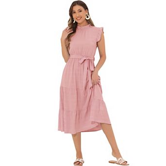 Midi Dresses for Women's Mock Neck Ruffled Cap Sleeve Dress