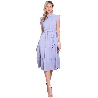 Midi Dresses for Women's Mock Neck Ruffled Cap Sleeve Dress