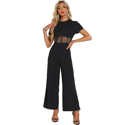 Женские комбинезоны One Piece Outfits for Women's Casual Crewneck Mesh Sheer Wide Leg Jumpsuit