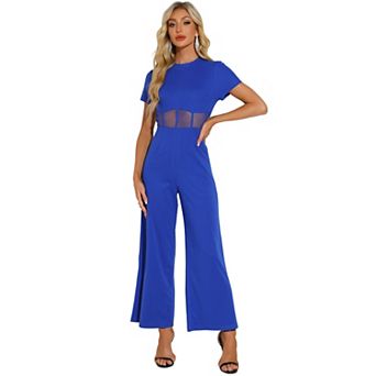 One Piece Outfits for Women's Casual Crewneck Mesh Sheer Wide Leg Jumpsuit