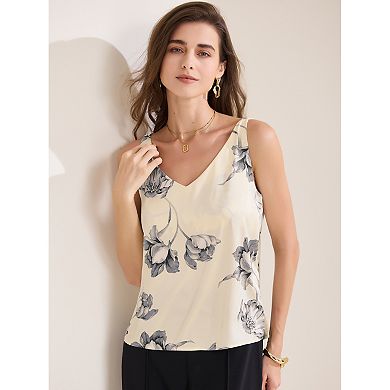 Satin Cami Top for Women's V Neck Sleeveless Floral Camisole