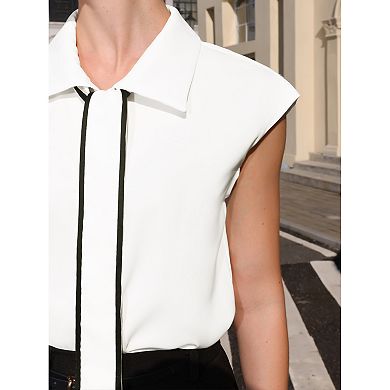 Women's Button Down Shirt Contrast Color Tie Neck Summer Cap Sleeve Office Blouse Top