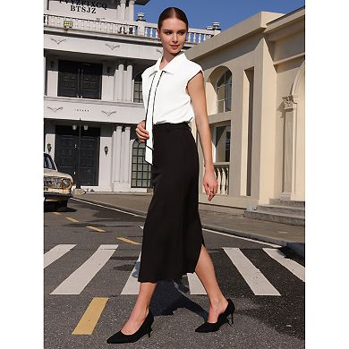 Women's Button Down Shirt Contrast Color Tie Neck Summer Cap Sleeve Office Blouse Top