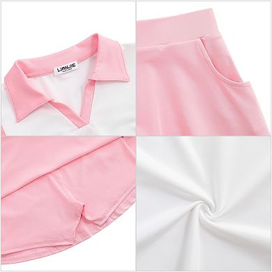 Girls Tennis Golf Outfit Sleeveless Polo V Neck Tank Top and Skorts Sets Sport Skirt with Pockets